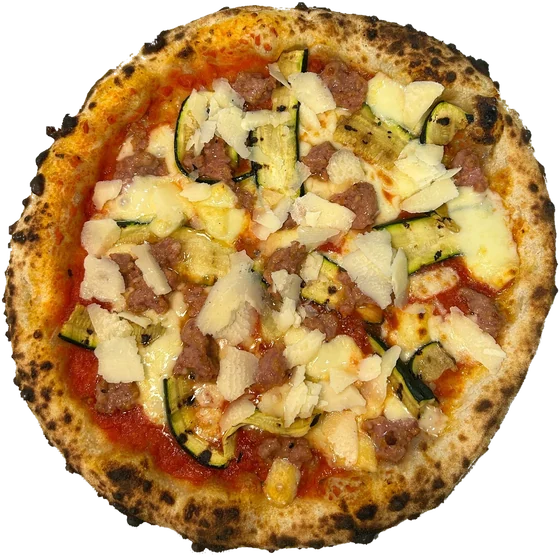 Pizza Gustosa con salsiccia, zucchine grigliate, fontina e scaglie di grana